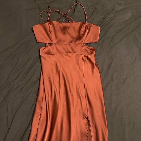 Parallel Lines square neck satin tie back midi dress in brown (Size 8) - Picture 8 of 11